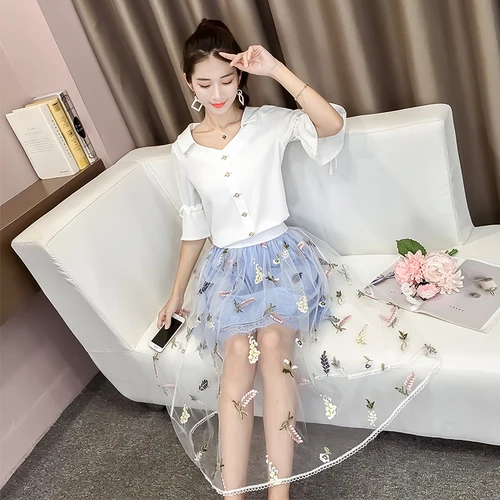 

Fashion Sexy Mesh High Waist 2 Pcs Set Brief Chic V Neck Korean Summer Set Women Bow Single Breasted Conjunto Feminino