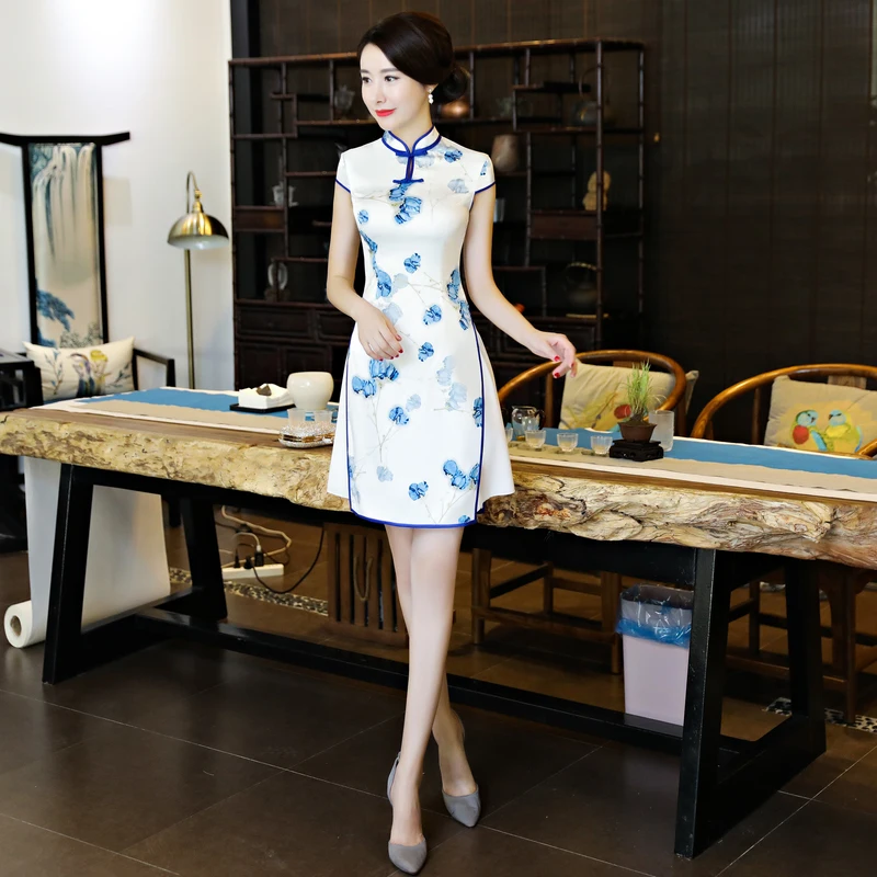 Шанхай история искусственного шелка короткие Cheongsam красный Qipao платье в