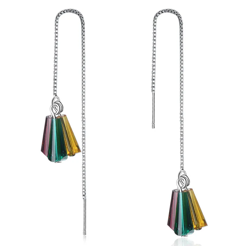 

LUKENI Fashion Crystal Colorful Sector Female Tassel Long Earrings Jewelry Charm 925 Sterling Silver Earrings Girl Wedding Bijou