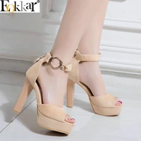 eokkar 2019 peep toe solid scrub high heel stiletto pumps elegant ankle buckle strap black ladies platform shoes women size34 43