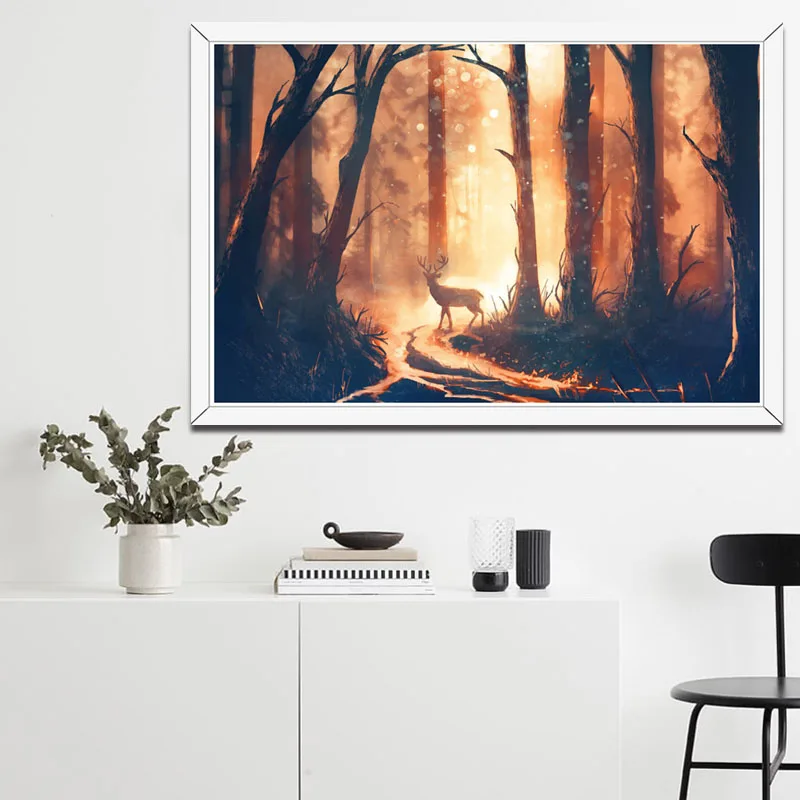 P314 олень лес закат природа пейзаж Искусство Живопись Шелковый Холст плакат