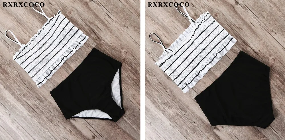 RXRXCOCO купальники для женщин купальник Smocking бикини с высокой талией набор бикини напечатан летний купальник с рюшами пляжная одежда