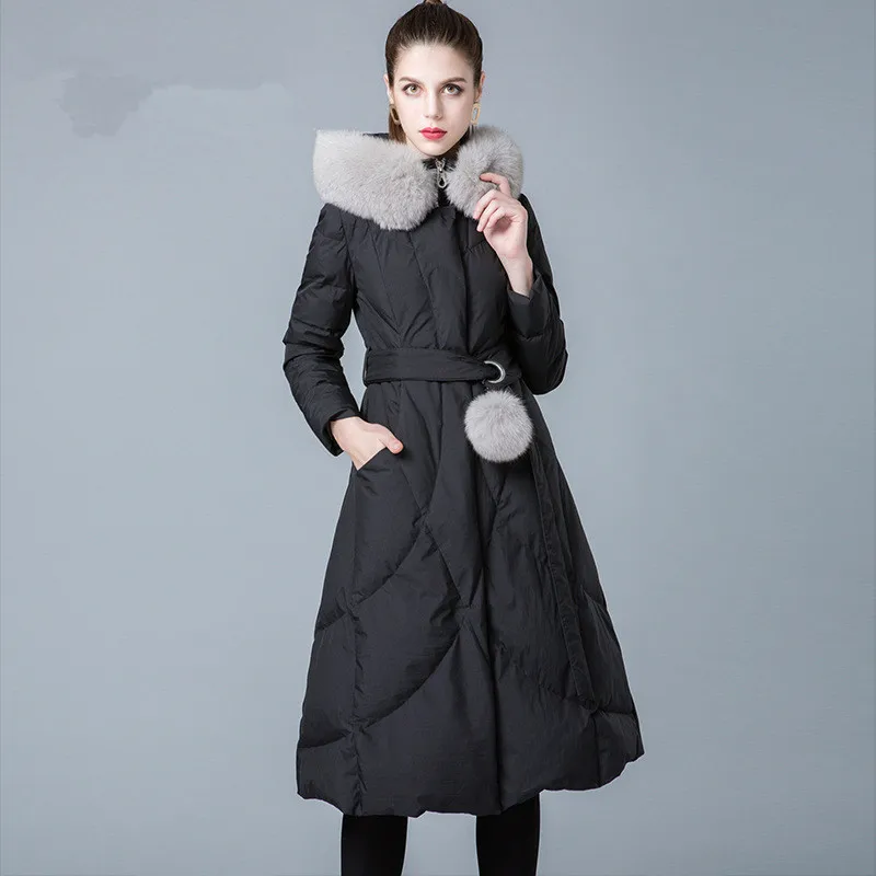 Женский пуховик с капюшоном KMETRAM длинная теплая парка воротником из лисьего меха
