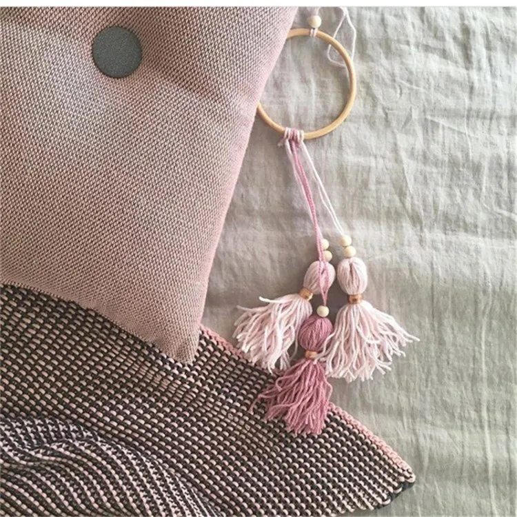 A Dark Pink and Pink Скандинавском стиле деревянные бусины Кольцо шерсть с кисточкой с узорами палатка настенный подвесной кулон Детская комната украшения игрушки подарки реквизит для фотосессии - Цвет: A Dark Pink and Pink