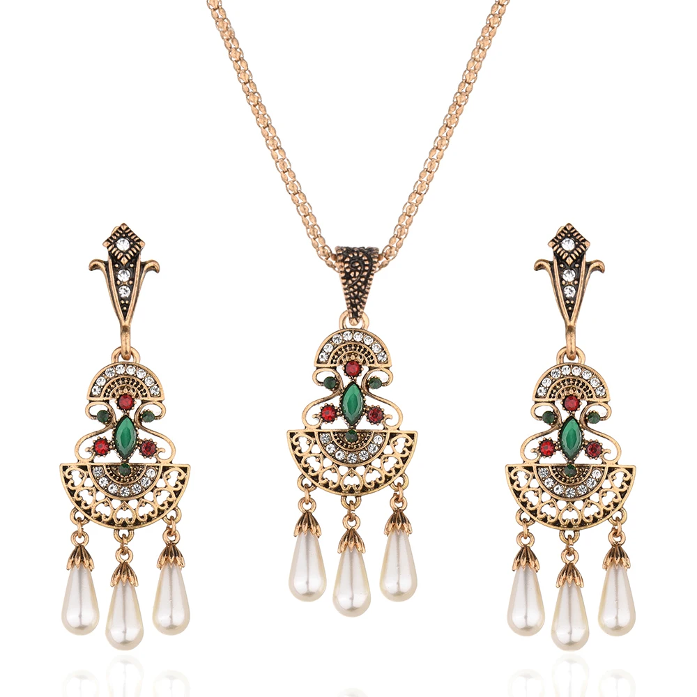 Vintage Ethnic Imitation giada Crystal Geometric Pearls Necklace Sets Drop Earring and Set for Women Bridesmaid Wedding | Украшения и