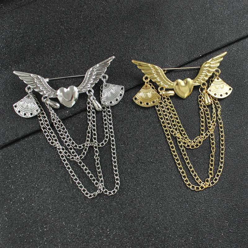 Retro fashion Angel wings Connecting metal long chain Love shape Pendant brooch Men's and women's clothing accessories | Украшения