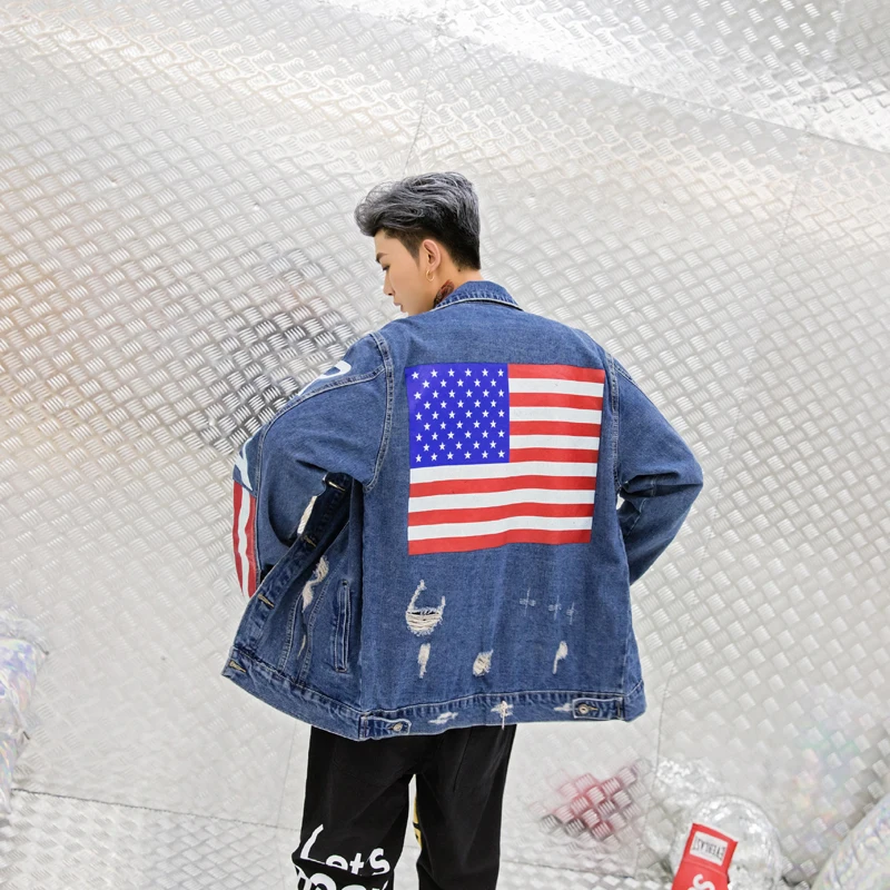 Для мужчин джинсовая куртка осень американский флаг печати Harajuku куртки джинсы