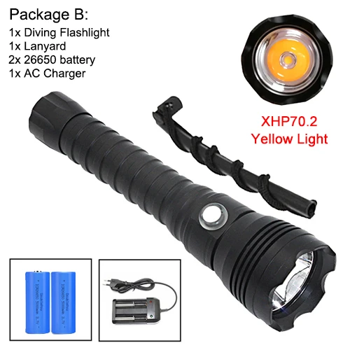 Package 2 XHP70.2 светодиодный светильник для дайвинга XHP70 фонарь Linterna водонепроницаемый светильник желтый светильник 26650 и зарядное устройство - Испускаемый цвет: Package 2