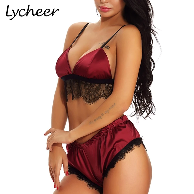Lycheer Большие размеры Сексуальная атласная Женская пижама с кружевом женские