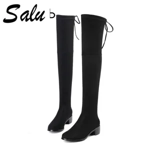 Salu 2020 new winter Women High Heel Boots Thick Heels Over Knee Botas Simple Fashion Long black Boots plus size 11 12