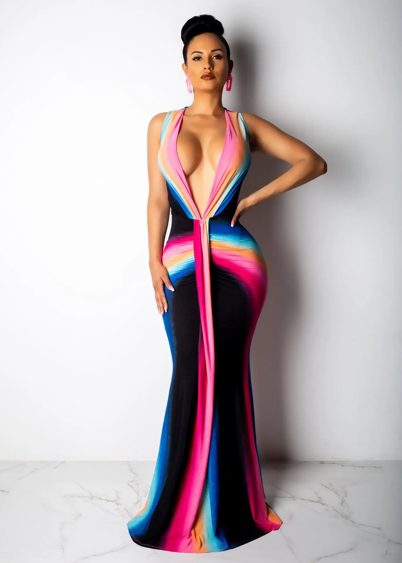 Женское Радужное платье Русалка с глубоким принтом длинное облегающее длиной до