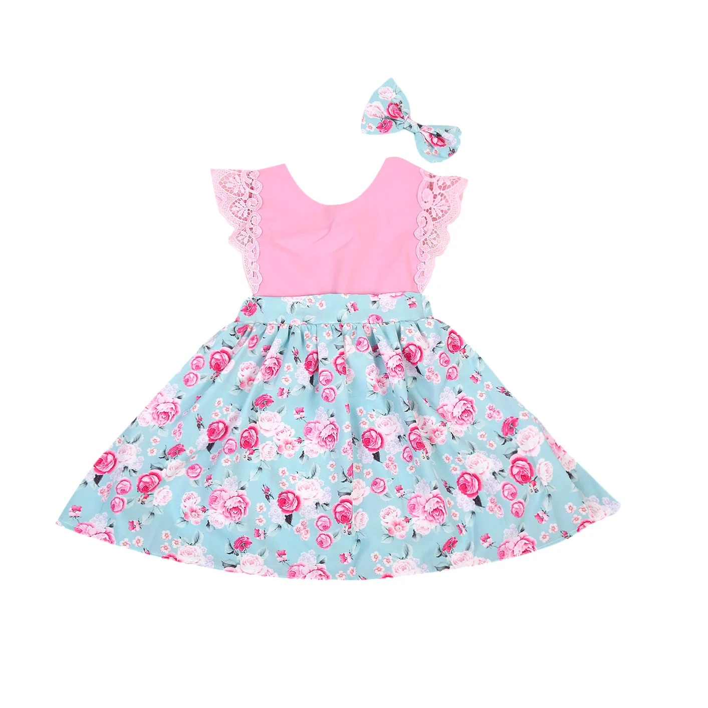Baby Girls Kids 2Pcs Outfits Set Floral Princess Print Dress Lace Romper +Headband 2pcs Party | Мать и ребенок