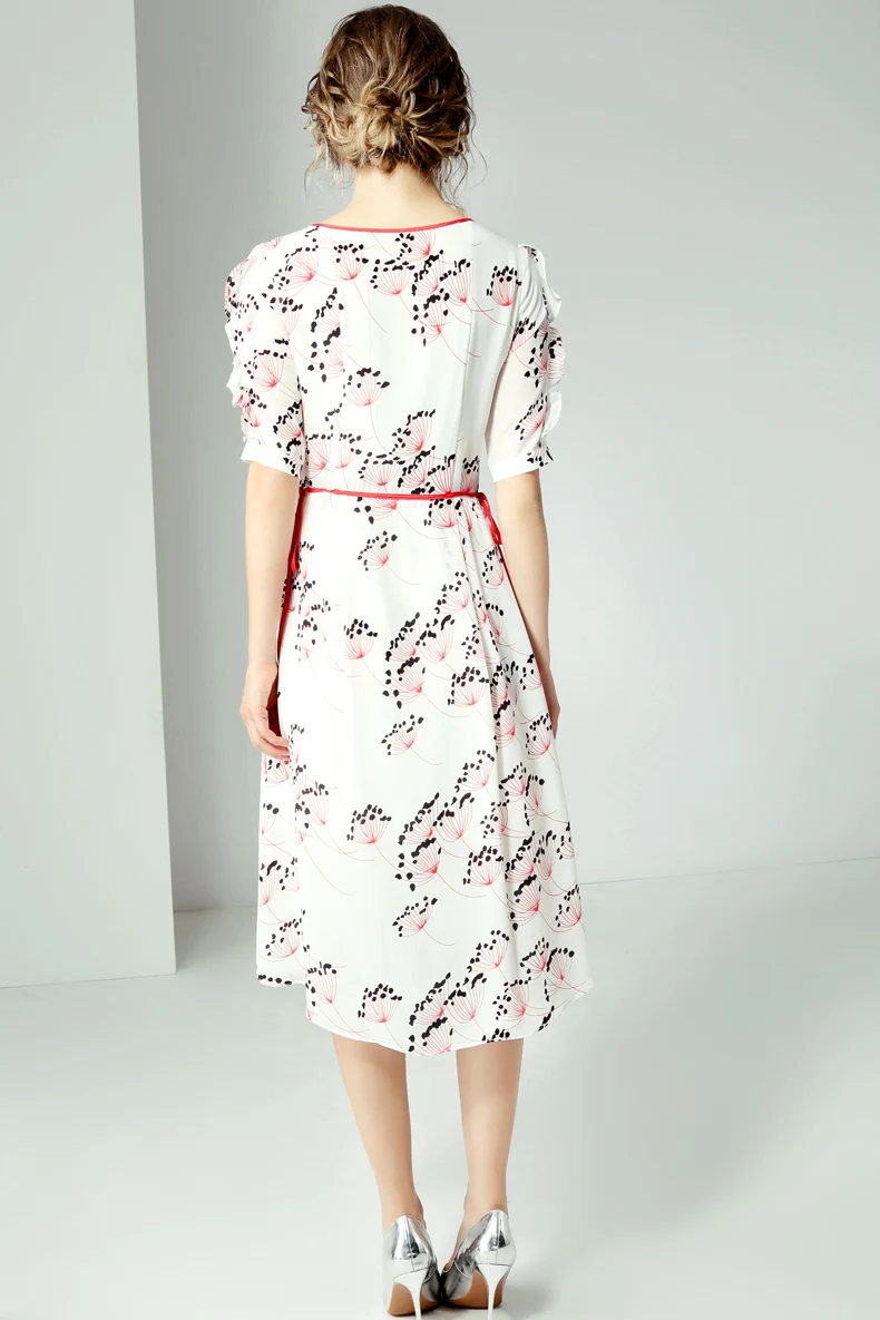 100% натуральные шелковые платья с круглым вырезом короткими рукавами рюшами