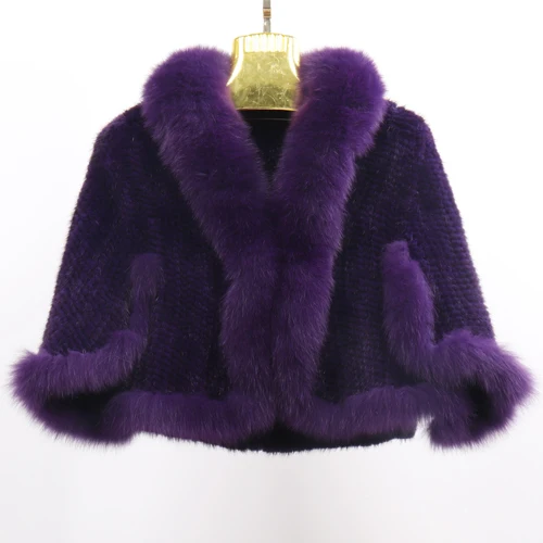 Purple Женское пончо из норкового меха, вязаная натуральная норка, меховая шаль с воротником из лисьего меха, Пашмина, Осень-зима, норковый мех, шарф - Цвет: Purple