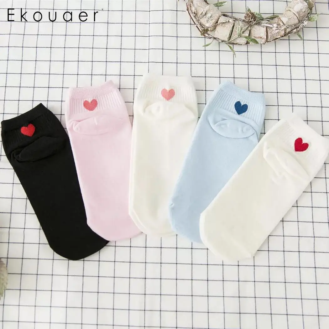 Ekouaer/женские носки Harajuku, хлопковые короткие носки с принтом сердца, женские носки для девочек, удобные милые носки, нижнее белье