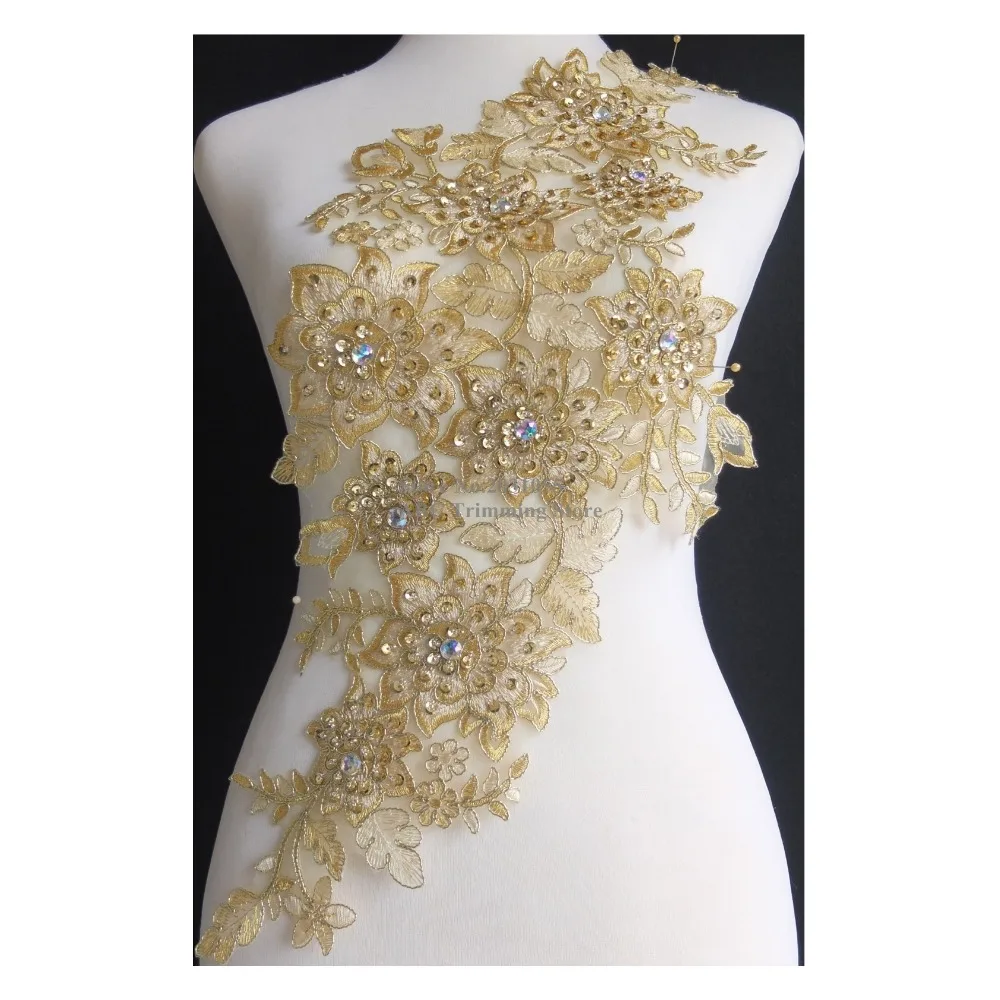 Новый ручной изготовленный золотистый/кремовый пайеточный бисерный вышитый аппликации на шее для одежды с 3D цветочными вышивками воротниками DIY ремесло TBNC107L.
