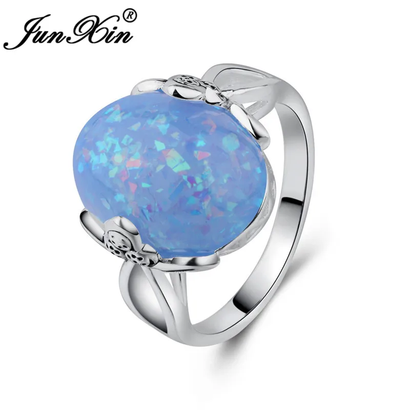 Blue Opal Ring JUNXIN роскошный большой камень женский мужской кольцо синий/розовый/белый огненный опал кольца для мужчин и женщин античный серебряный цвет Пары обручальное кольцо - Цвет основного камня: Blue Opal Ring