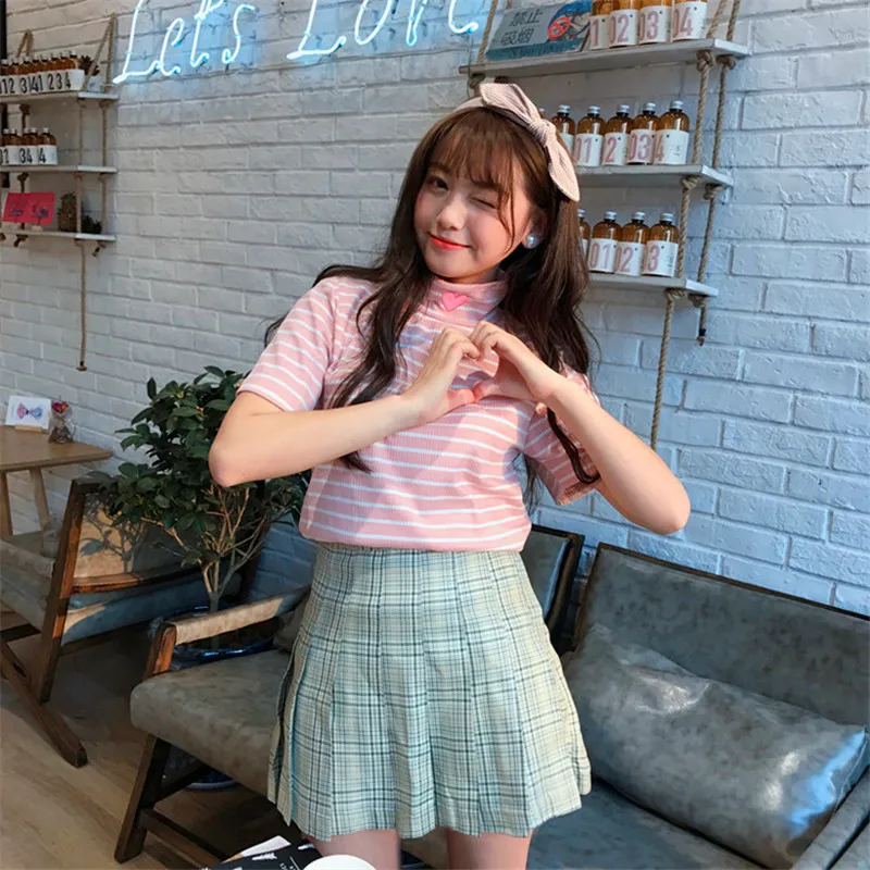 Женская футболка в Корейском стиле Harajuku Ulzzang тонкая полоску с вышивкой Love