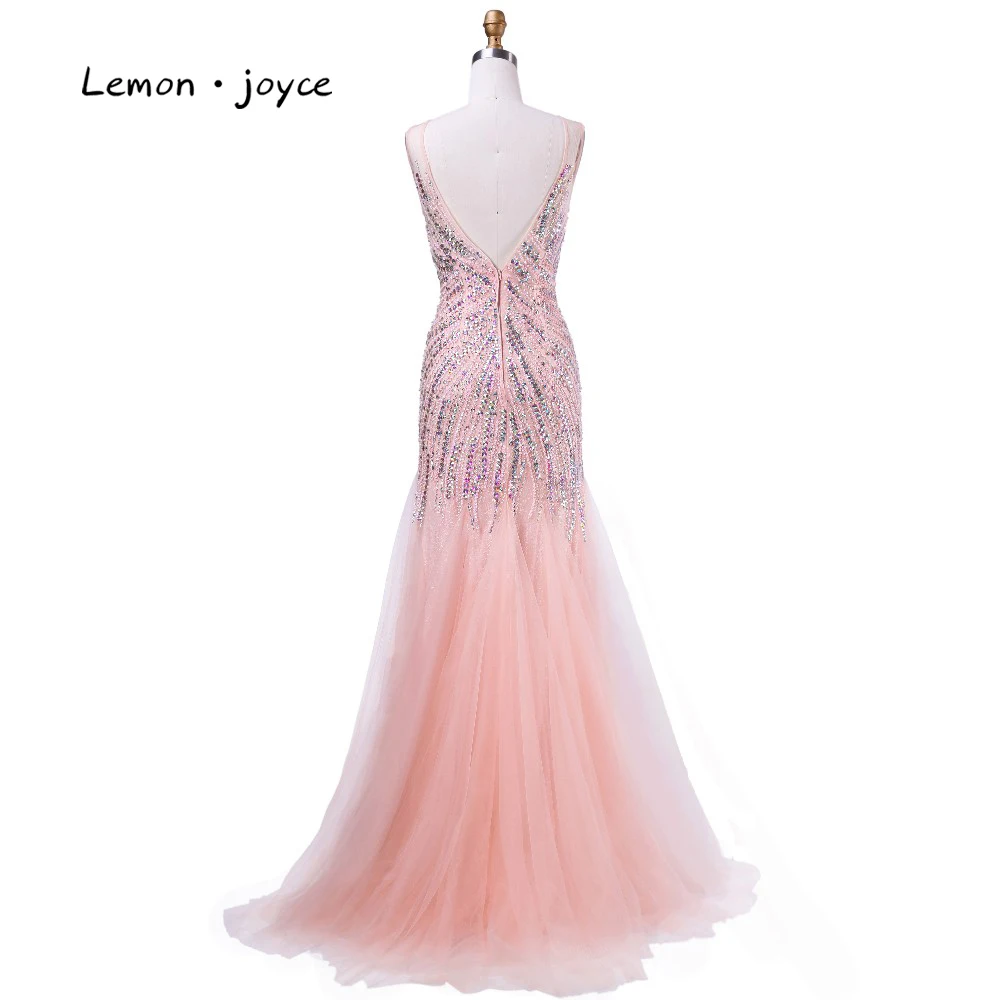 Formal Light Pink Evening Dresses Mermaid 2018 New Design O-neck Backless Beading Crystal Floor-length Tulle Party Gowns | Свадьбы и