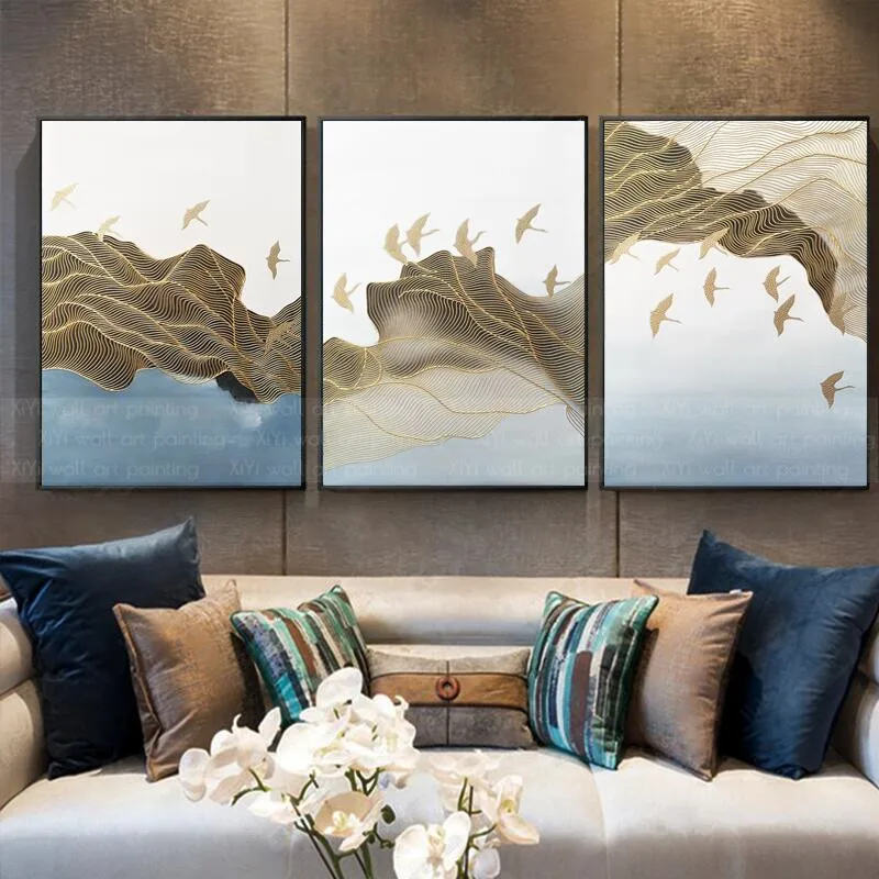 Goede 3 Stuks Gold Lijn Abstract Canvas Schilderij Wall Art Foto Voor Woonkamer Thuis Wall Decor Originele Bladgoud Textuur Quadro