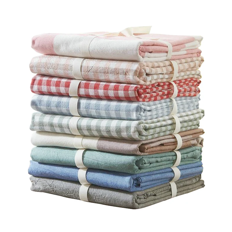 

1Pc Flat Sheet 100% Washed Cotton Home Bed Sheet Plaid/Stripe Printed Solid Soft Twin/Full/Queen / King Size