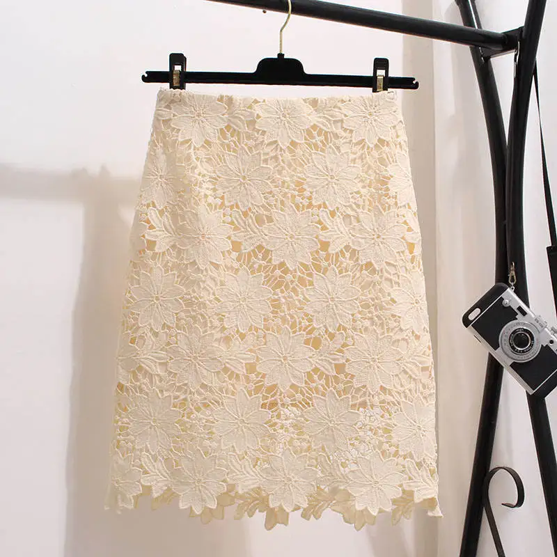 apricot color Женская кружевная юбка, летняя юбка с высокой талией, Falda Mujer, модные элегантные кружевные женские юбки футляр, Saias C5542 - Цвет: apricot color