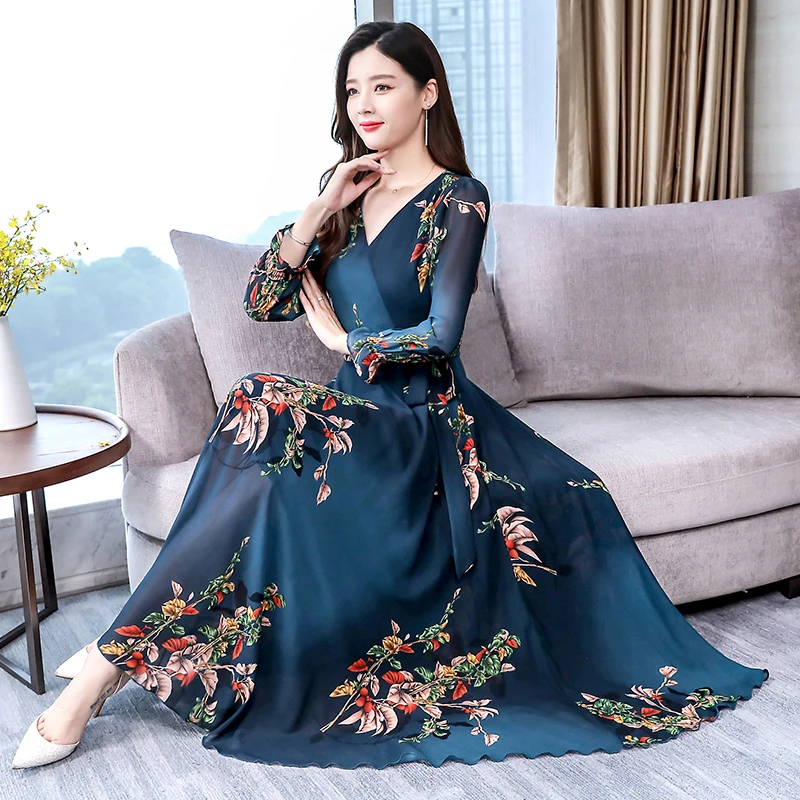 Женское шифоновое длинное платье с длинным рукавом v образным вырезом и