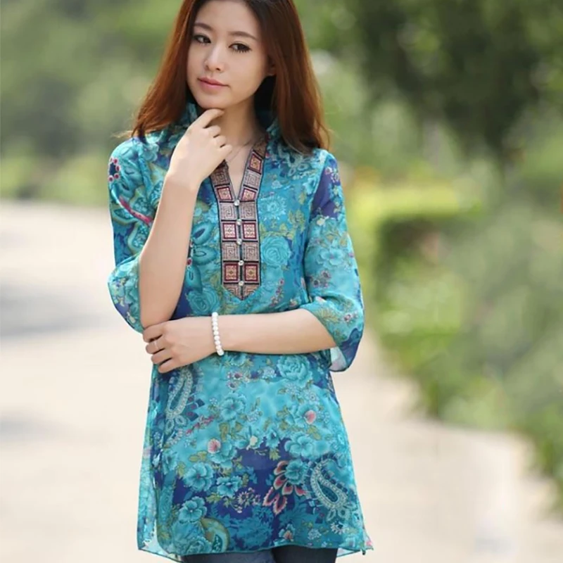 Женская крутая блузка 2018 длинная шифоновая с принтом рубашка женская цветочным