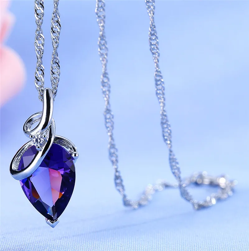 New Design AAA Austrian Cubic Pendant Necklace on Silver Color Purple Zircon Water Drop for Women Fashion Jewelry | Украшения и