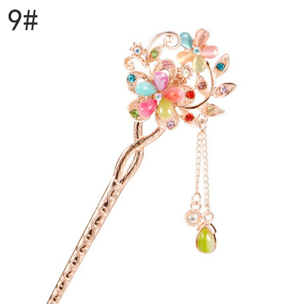 9 hair stick Китайский классический стиль, заколки с цветами и листьями, хрустальные стразы, заколки для волос с кисточками, серебряные расчески для волос, свадебные аксессуары для волос - Цвет: 9 hair stick