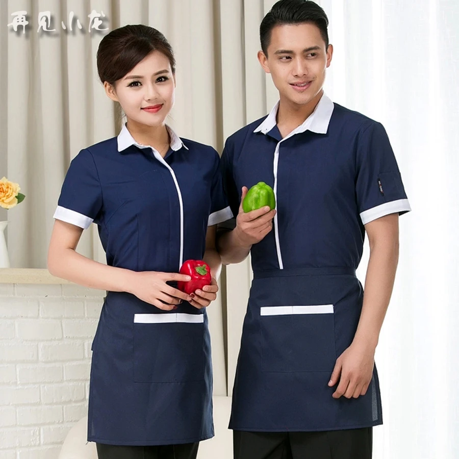 

Summer waiter workwear set men short sleeve Hotel staff uniforms womens coffee shop blue cheap work shirt and Apron 2piece sets