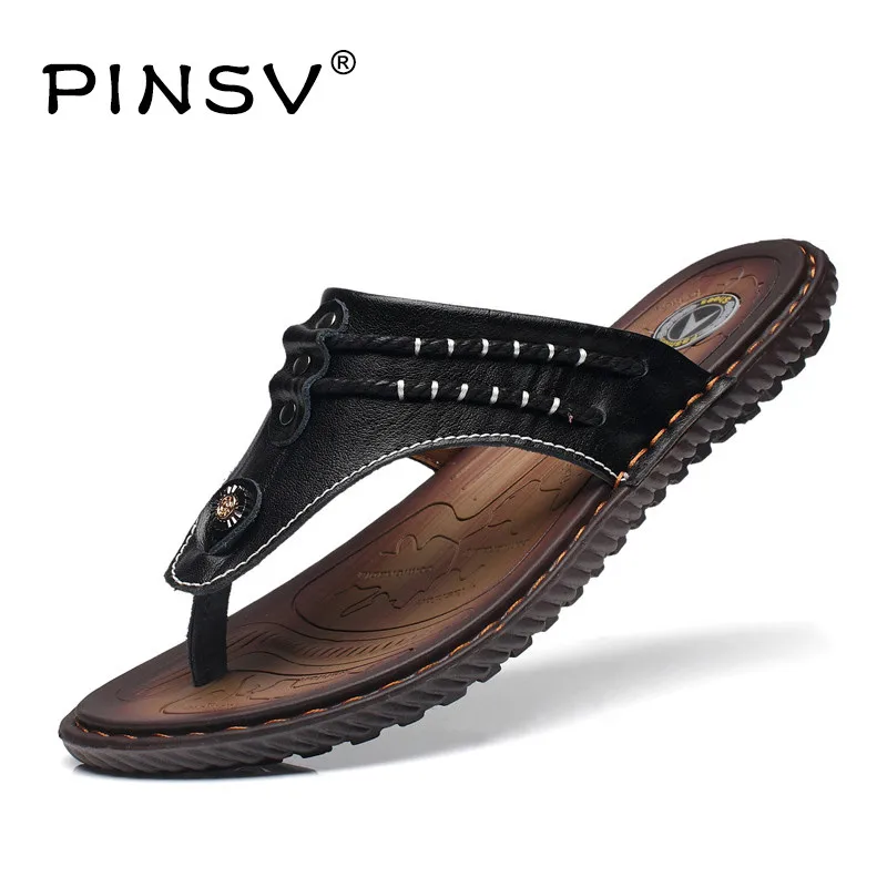 PINSV Сплит Кожаные Сандалии Мужчин Вьетнамки Летняя Обувь Мужчины Пляжные Тапочки
