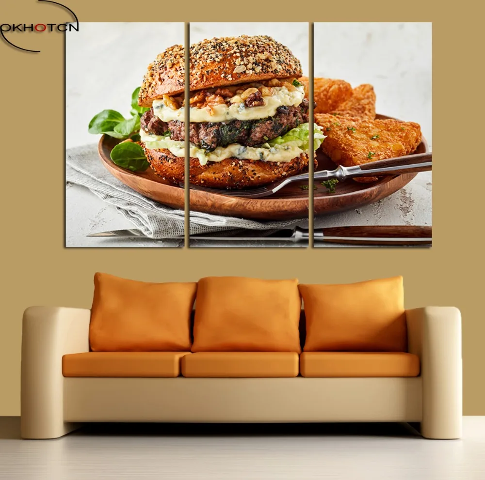 Гамбургер куриный стейк быстро Еда холст Картины Wall Art HD печатает 3 шт./компл. Unframed искусство для Декор в гостиную