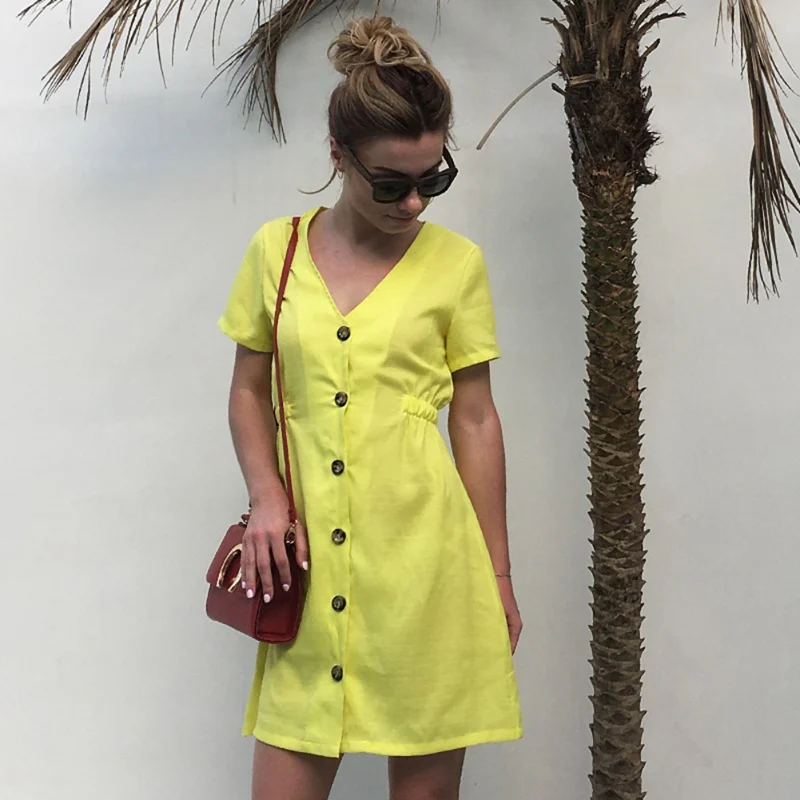 Платье женское однотонное эластичное с V образным вырезом и коротким