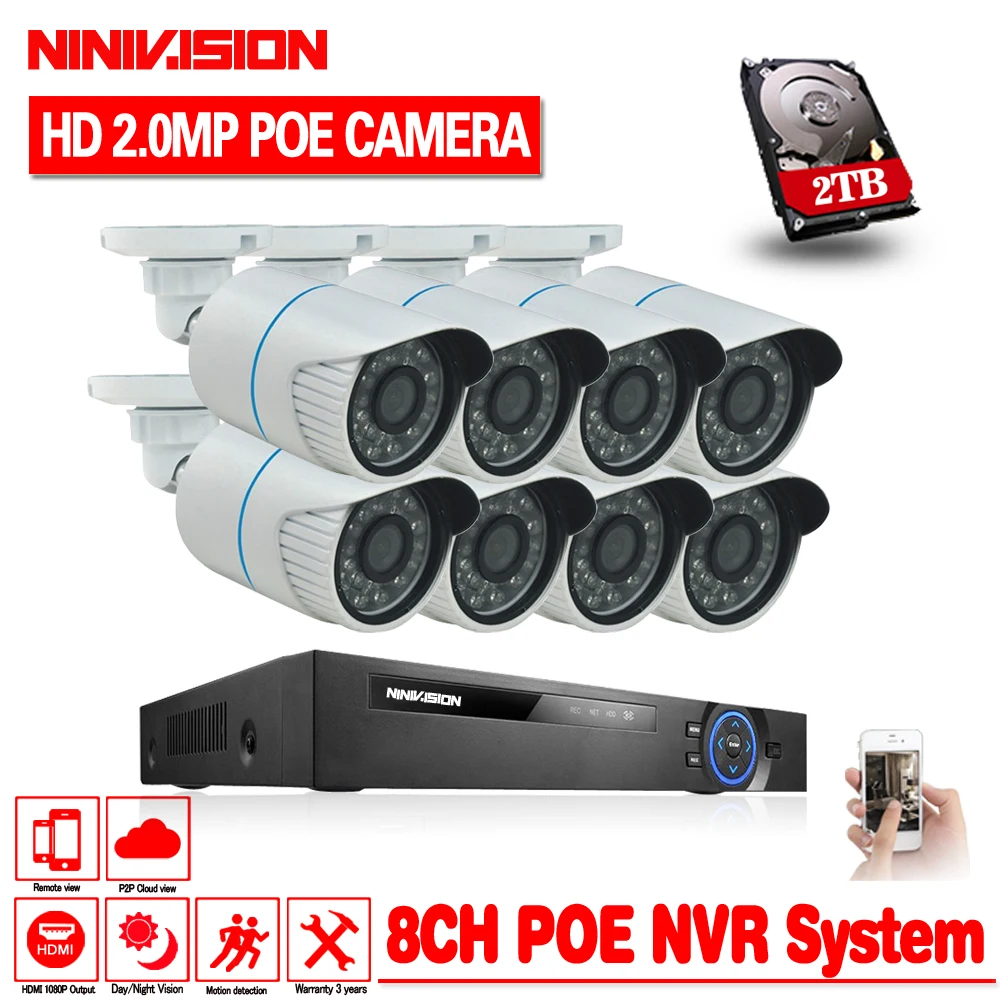 48V 8CH 1080p сетевая ip камера безопасности 2mp IP66 Водонепроницаемая H.264 8ch 2MP POE NVR