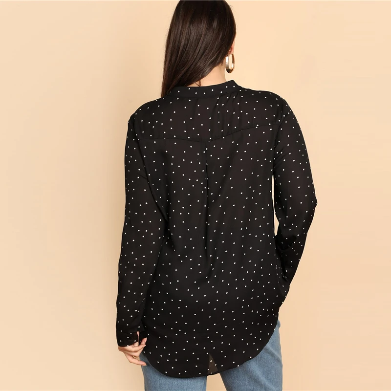 Dotfashion, женская рубашка в черный и белый горошек размера плюс, осень, топы, одежда с длинным рукавом, Повседневная Длинная блузка