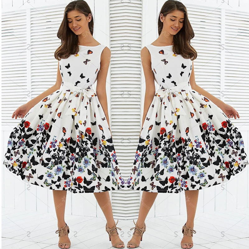 Милое модное летнее вечернее женское платье без рукавов с круглым вырезом и