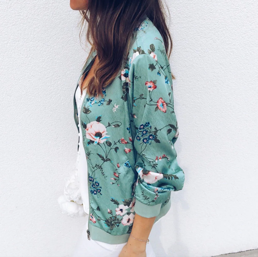 Womens Ladies Retro Floral Zipper Up Bomber Jacket Casual Coat Outwear Oversized Hoodie Vetement Femme 2021 Одежда Для