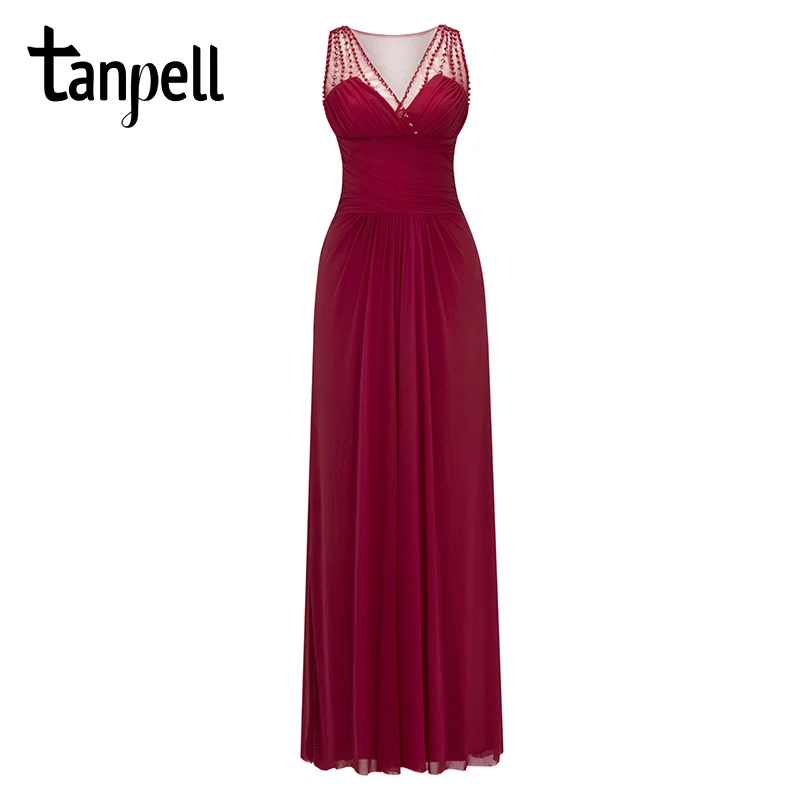 burgundy Tanpell бисером Плиссированное вечернее платье, пикантное v образным вырезом васильковое без рукавов длиной до пола платье Дешевые Черные Длинные вечерние платья - Цвет: burgundy