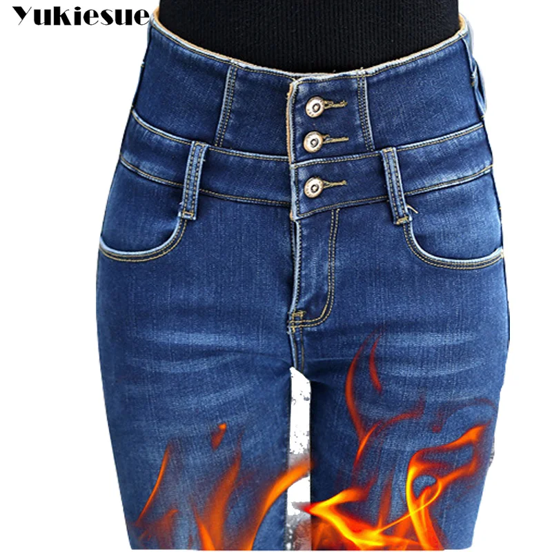 Женские джинсы с высокой талией 2017 зимние теплые вельветовые флисовые