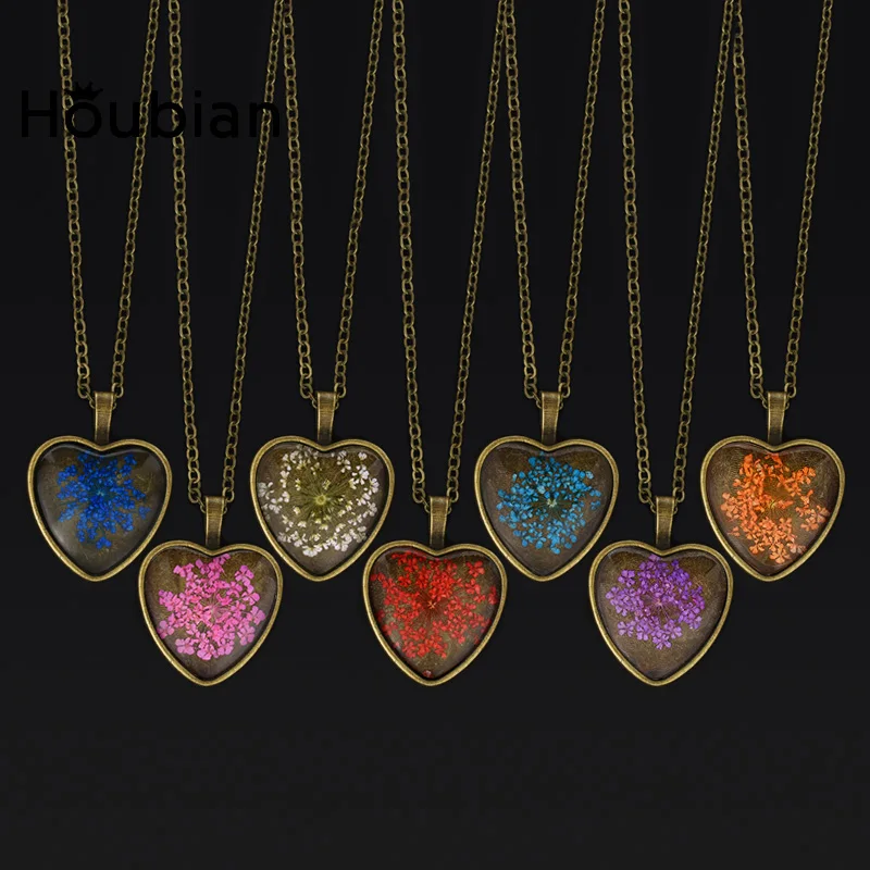Винтажное ожерелье из стекла в форме сердца с сушеным цветком короткий кулон