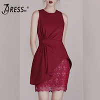 indressme 2019 summer new fashion round neck sleeveless ruched asymmetrical hem top and lace skirt two piece set slim party red