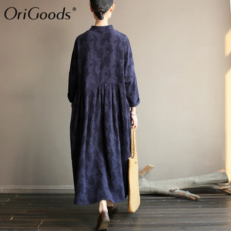 OriGoods Long sleeve Women Dress Chinese style Spring Autumn 2019 Plus size Vintage Cotton Linen Elegant A397 | Женская одежда