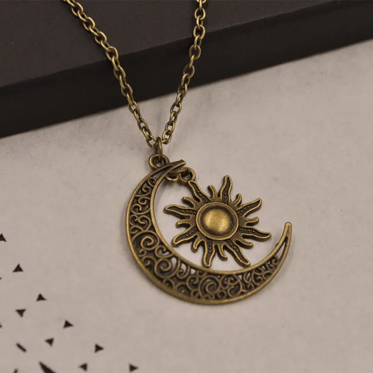 2PCS moon sun charm Antique silver Pendant necklace 50+5cm Chains Mrs Miss Jewelry accessories Hot sale mother day gift | Украшения и