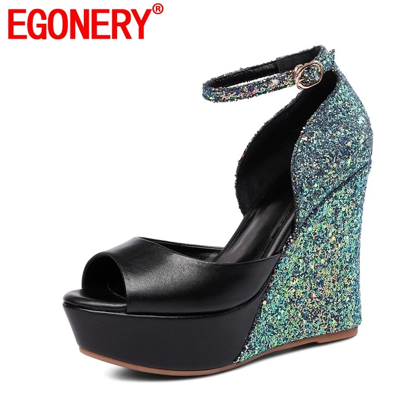 

EGONERY 2020 New Fashion Colorful Bling Sandals Super High Wedges Cover Heel Platform Fish Mouth Round Toe Casual Women Sandals