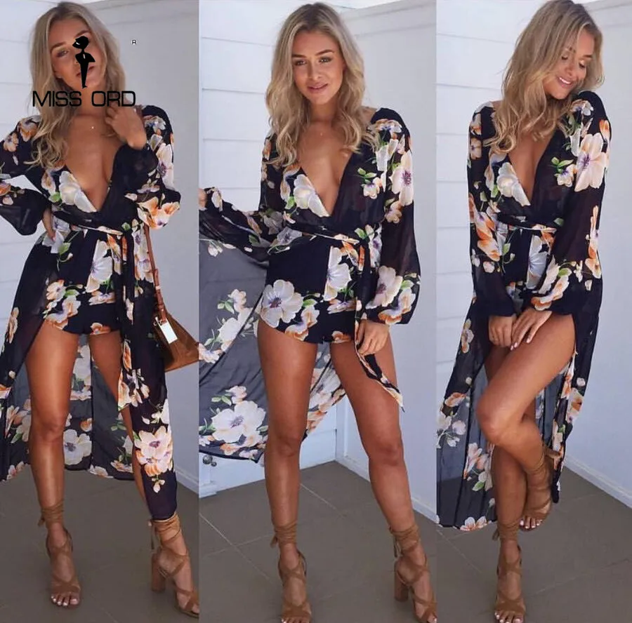 Yesexy 2018 Сексуальная Глубокий V с длинным рукавом печать плащом playsuit