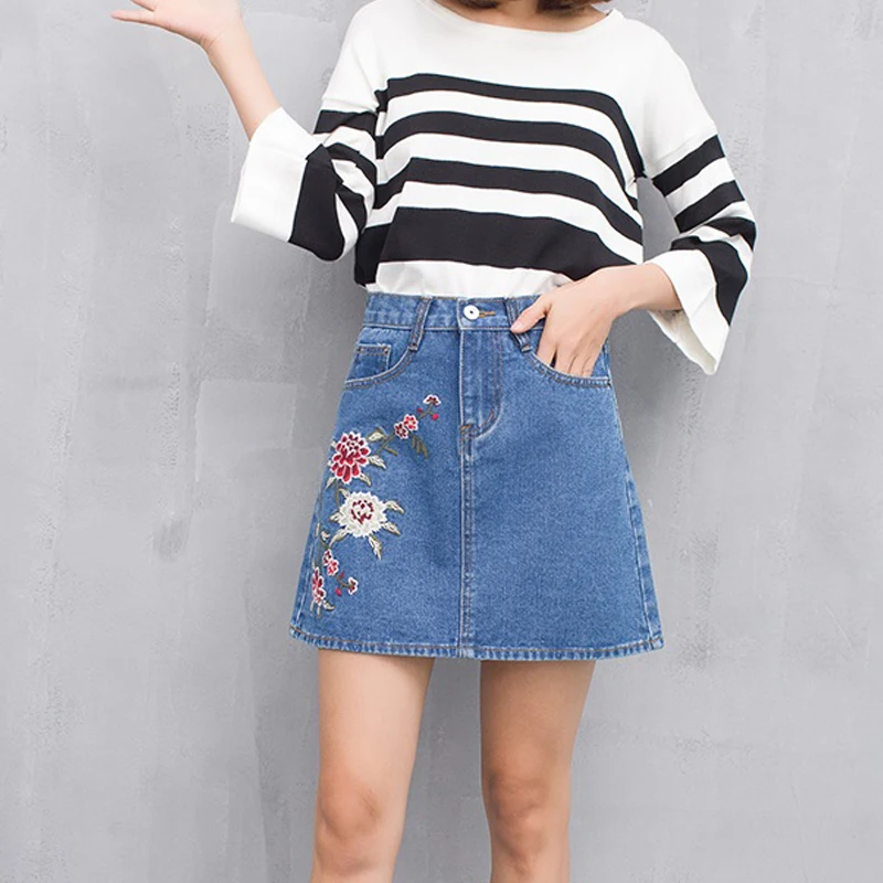 Джинсовые юбки с высокой талией для девочек юбка цветочной вышивкой короткие