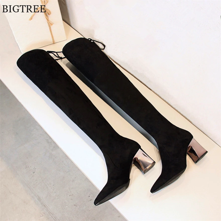 

Ботфорты BIGTREE женские, тонкие однотонные Черные Сапоги выше колена, заостренный носок, высокий каблук, модные длинные сапоги, 7 см, для осени
