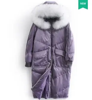 Purple Зимний женский пуховик из натурального енота с большим меховым воротником, длинное пальто, женская парка, благородный фиолетовый Теплый Женский пуховик с капюшоном - Цвет: Purple
