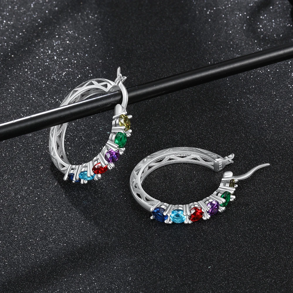 Personalized 925 Sterling Silver Hoop Earrings for Women Custom 6 Birthstones Statement Earrings Birthday Gift JewelOra EA103257